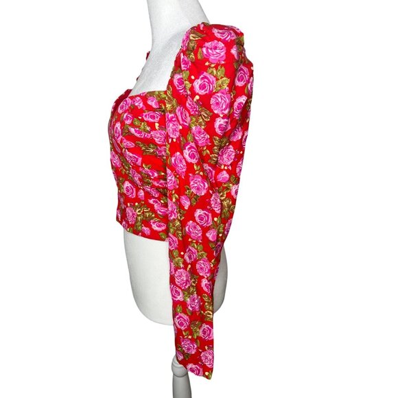 Zara‎ Floral Long Sleeve Backless Crop Top Red Pink Size Medium - Picture 13 of 14